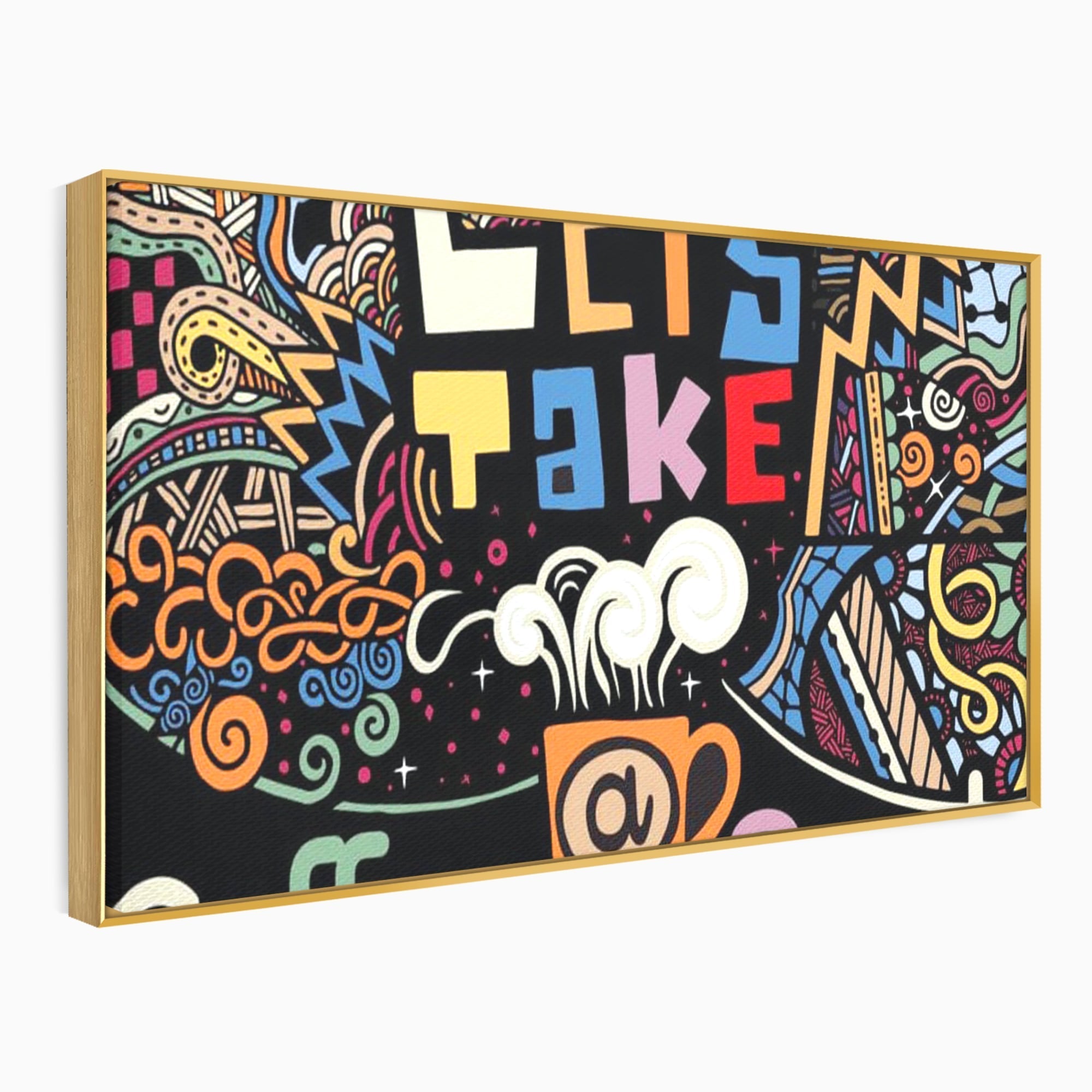 Tablou canvas cu tablou canvas cu ilustratie cafea si doodle, in rama de aluminiu auriu